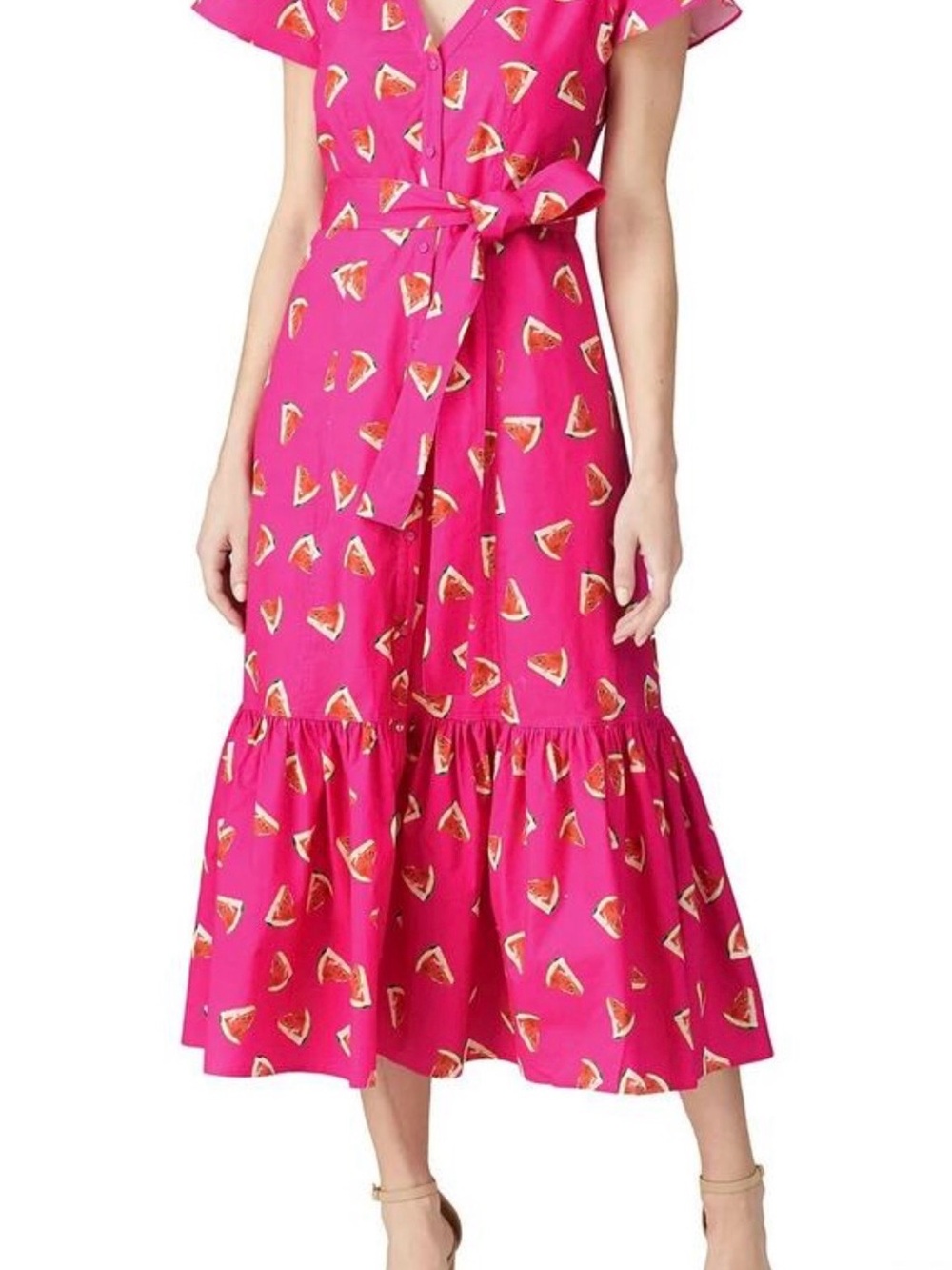 Hot Pink Watermelon-Print Midi Dress with Tie Waist